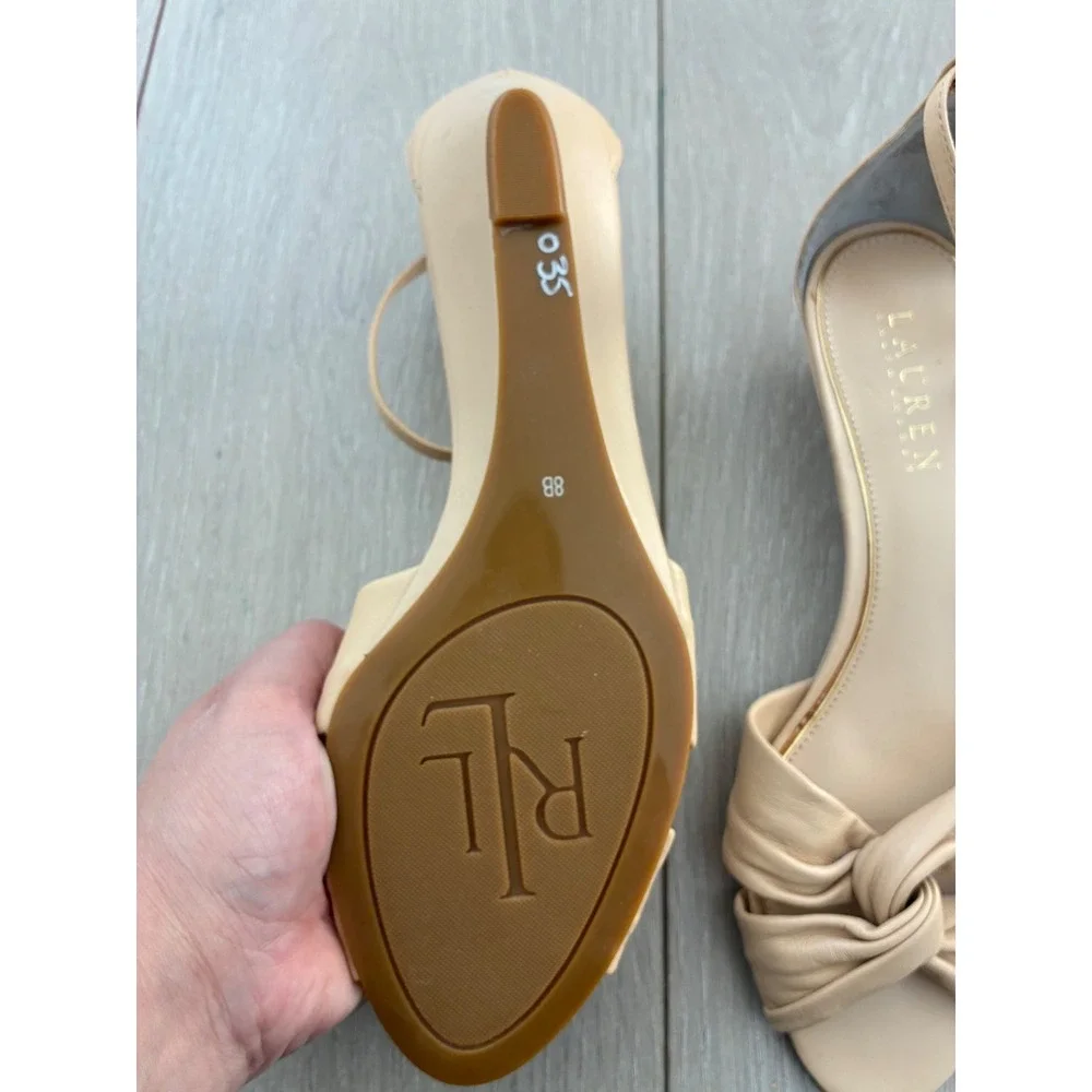 Lauren Ralph Lauren Women Beige Leather Knot Ankle Strap Wedge Sandals Size 8‎